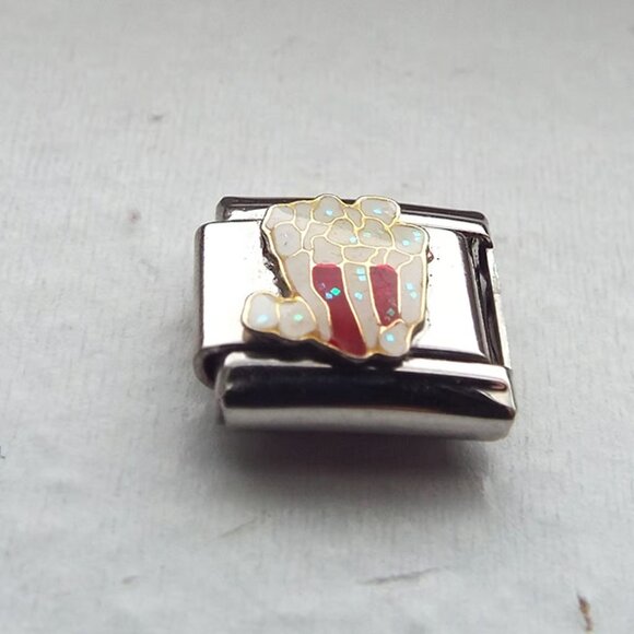 Enamel bag of popcorn 9mm stainless steel Italian charm bracelet link new - Picture 1 of 2